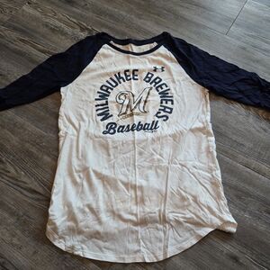 Womens Under Armour Milwaukee Brewers White & Navy Baseball Raglan Tee